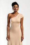 Champagne One Shoulder Sheath Long Bridesmaid Dress With Sleeves