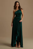 Dark Green One Shoulder High-Low Holiday Party Dress With Ruffles