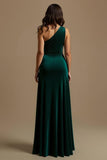 Dark Green One Shoulder High-Low Holiday Party Dress With Ruffles