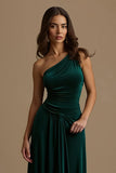 Dark Green One Shoulder High-Low Holiday Party Dress With Ruffles