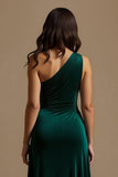 Dark Green One Shoulder High-Low Holiday Party Dress With Ruffles