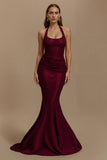Sparkly Burgundy Halter Mermaid Long Holiday Party Dress