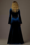 Royal Blue Sheath V-Neck Long Sleeve Velvet Holiday Party Dress