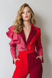 Red Pink Burgundy Patchwork 2 Piece Notched Lapel Women Suits with Ruffles