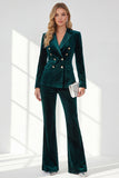 Dark Green Peak Lapel 2-Piece Velvet Double Breasted Women Prom Suits