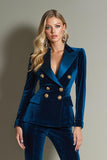 Royal Blue 2 Piece Velvet Peak Lapel Women Prom Suits with Sleeves