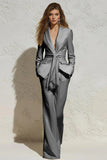 White 2 Piece Notched Lapel Ruched Business Suits with Sash