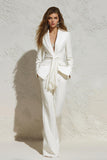 White 2 Piece Notched Lapel Ruched Business Suits with Sash