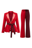 2-Piece Red Patchwork Notched Lapel Women Prom Suits with Belt
