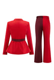 2-Piece Red Patchwork Notched Lapel Women Prom Suits with Belt