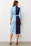 Navy Blue Patchwork Peak Lapel Midi Blazer Dress with Bow