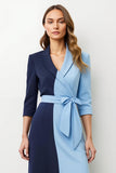 Navy Blue Patchwork Peak Lapel Midi Blazer Dress with Bow