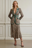 Coffee Leopard Notched Lapel 2 Piece Work Dress