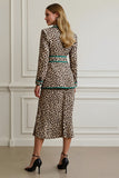 Coffee Leopard Notched Lapel 2 Piece Work Dress
