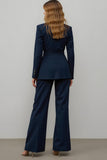 Navy 2 Piece Satin Notched Lapel Women Prom Suits