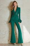 2 Piece Satin Dark Green Double Breasted Rufflu Sleeves Women Prom Suits