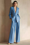 Blue 2 Piece Satin Peak Lapel Business Suits with Sash