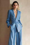 Blue 2 Piece Satin Peak Lapel Business Suits with Sash