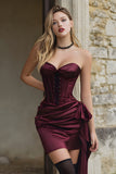 Burgundy Bodycon Sweetheart Ruched Corset Satin Short Cocktail Dress