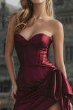 Bodycon Strapless Corset Satin Short Burgundy Cocktail Dress with Streamer