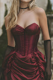 Burgundy Strapless Corset Satin Short Bodycon Cocktail Dress