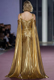 Metallic Golden Mermaid Cold Shoulder Ruched Gala Dress With Slit
