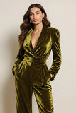 Green Velvet Peak Lapel Long Sleeves Jumpsuits