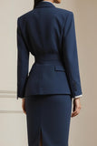 Navy 2 Piece Peak Lapel Pencil Midi Business Suits with Belt