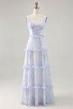 Blue Flower Ruffled Printed A Line Long Wedding Guest Dress