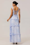 Blue Floral Ruffled A Line Corset Long Wedding Guest Dress