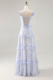 Blue Flower Ruffled Printed A Line Long Wedding Guest Dress