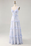 Blue Flower Ruffled Printed A Line Long Wedding Guest Dress