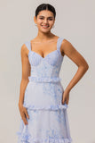 Blue Floral Ruffled A Line Corset Long Wedding Guest Dress