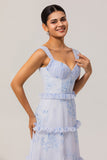 Blue Floral Ruffled A Line Corset Long Wedding Guest Dress
