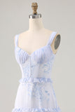 Blue Flower Ruffled Printed A Line Long Wedding Guest Dress