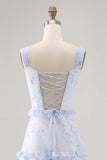 Blue Flower Ruffled Printed A Line Long Wedding Guest Dress