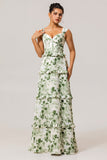 Green Floral Ruffle Corset A Line Long Bridesmaid Dress