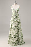 Green Floral Ruffle Corset A Line Long Bridesmaid Dress