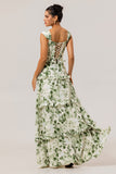 Green Floral Ruffle Corset A Line Long Bridesmaid Dress