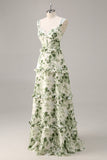 Green Flower Corset A Line Bridesmaid Dress with Ruffles