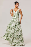 Green Floral Ruffle Corset A Line Long Bridesmaid Dress