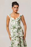 Green Floral Ruffle Corset A Line Long Bridesmaid Dress