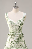 Green Flower Corset A Line Bridesmaid Dress with Ruffles