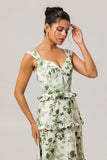 Green Floral Ruffle Corset A Line Long Bridesmaid Dress