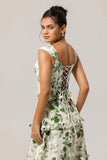Green Floral Ruffle Corset A Line Long Bridesmaid Dress