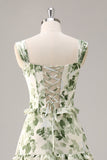 Green Flower Corset A Line Bridesmaid Dress with Ruffles