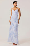 Blue Floral Ruffled Sheath Printed Wedding Guest Dress