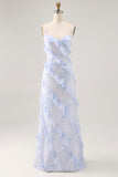 Blue Flower Spaghetti Straps Printed Wedding Guest Dress with Ruffles