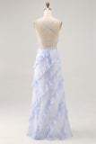 Blue Floral Ruffled Sheath Printed Wedding Guest Dress