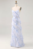 Blue Flower Spaghetti Straps Printed Wedding Guest Dress with Ruffles